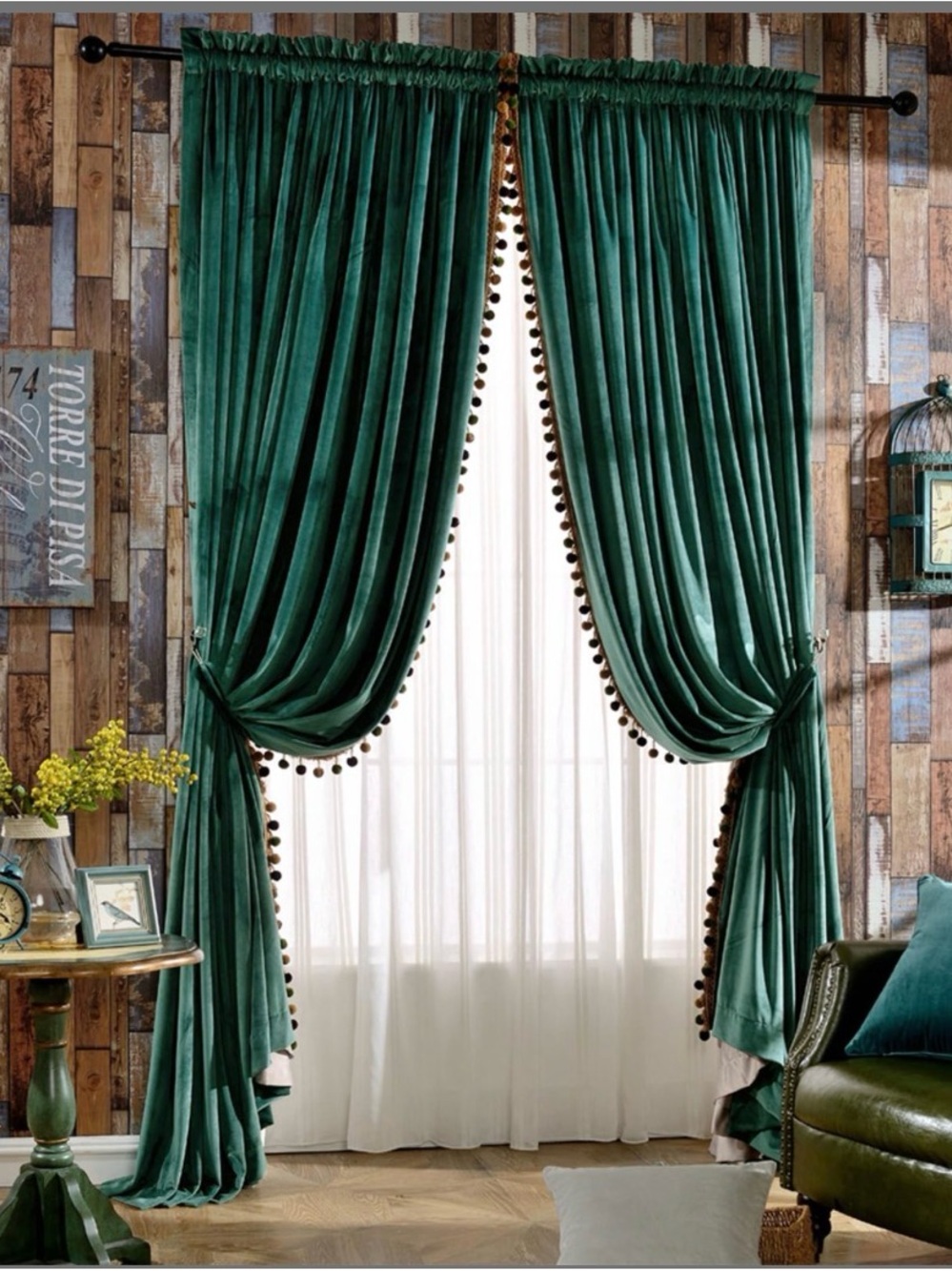 Lux Velvet Drapery Panels in Emerald Green with Pom Trim